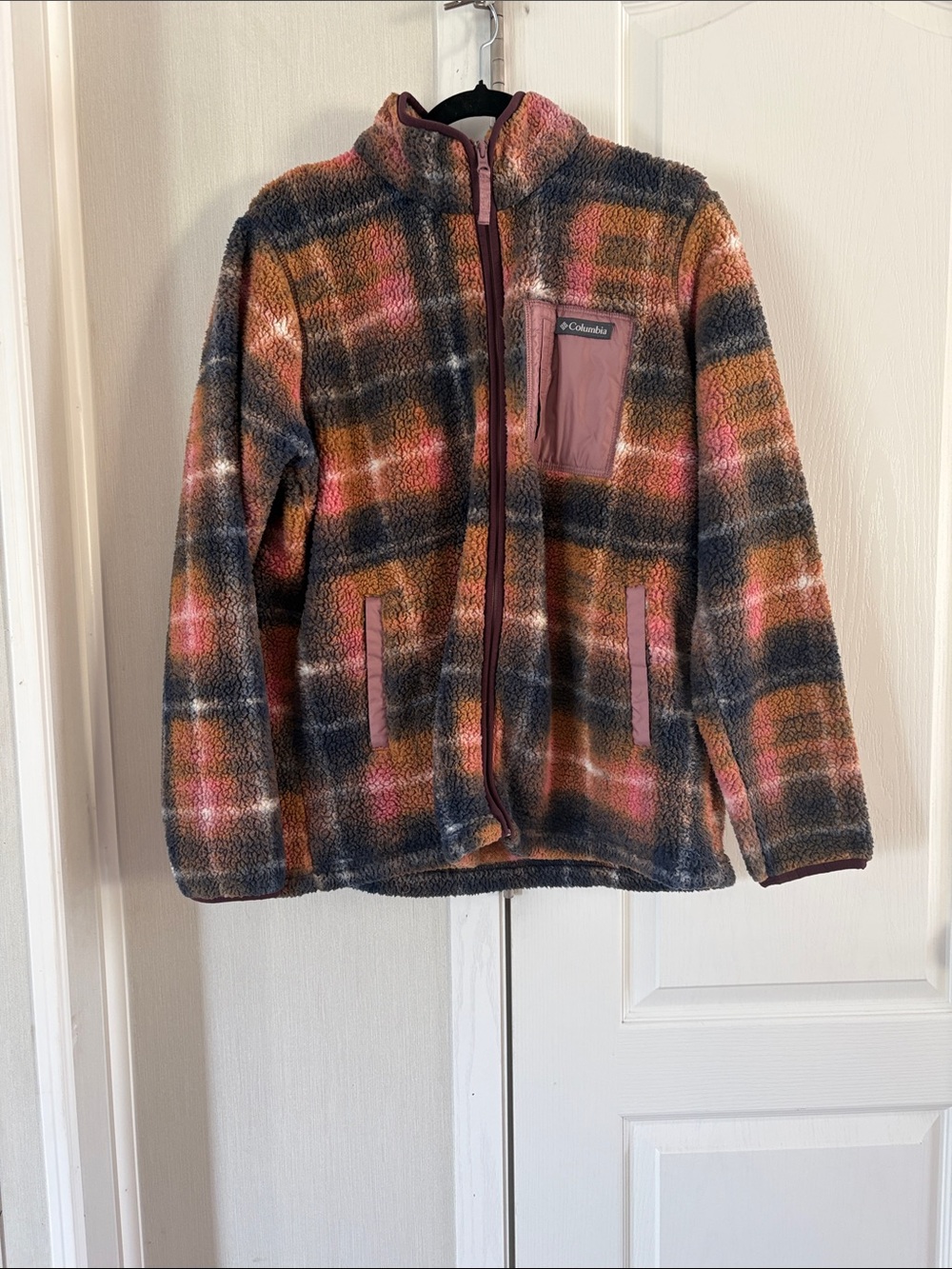 Columbia Girls Plaid Sherpa Jacket in Pink, Orange, Gray